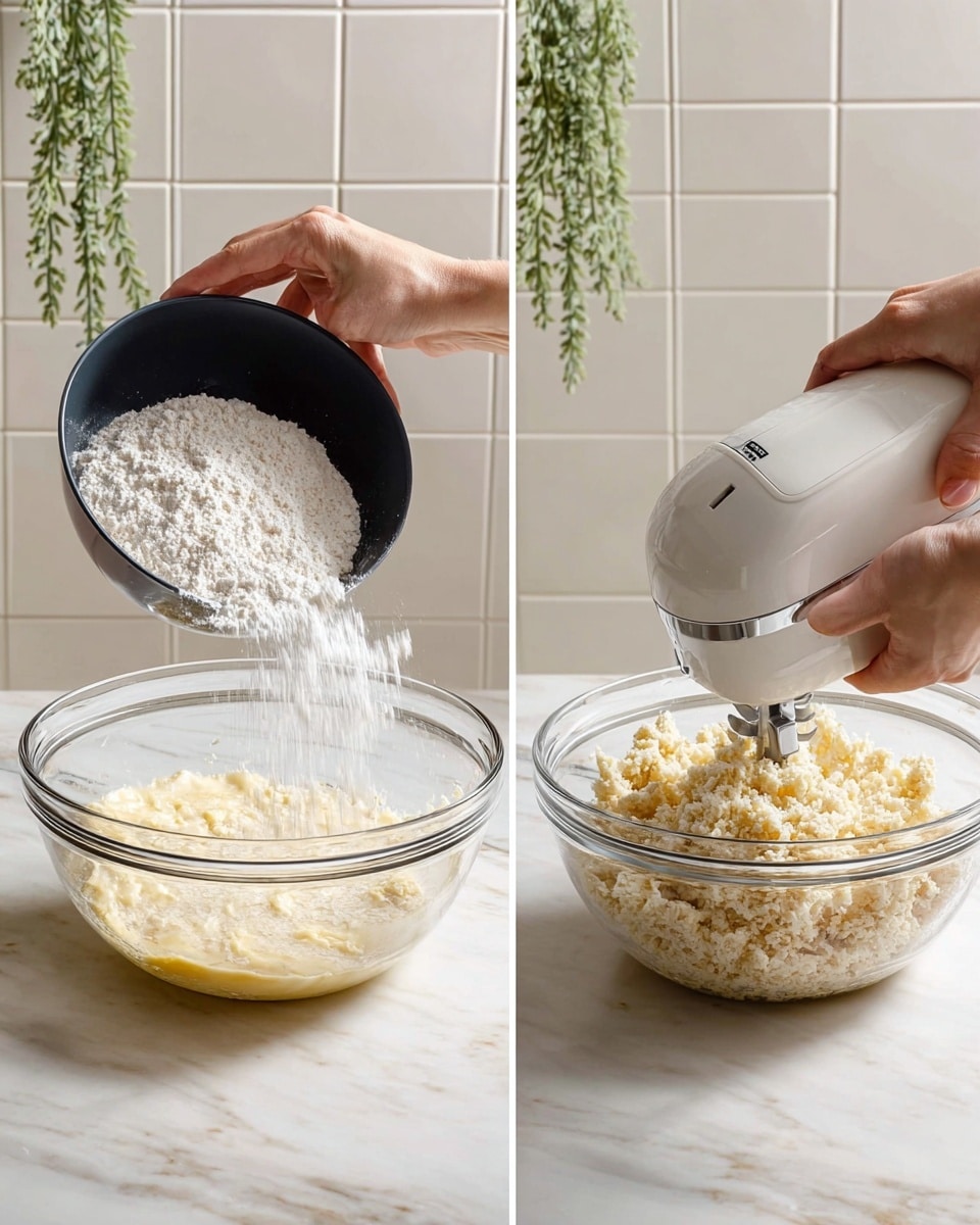 Two images side by side show the process of mixing dough in a clear glass bowl on a white marbled surface. The left image shows a woman's hand pouring white flour from a black bowl into the clear glass bowl that already has a light yellow creamy mixture at the bottom. The right image shows a woman's hand holding a white electric mixer blending the ingredients inside the glass bowl, which now has a crumbly, pale mixture with small clumps. The background is a white tiled wall with a small green plant hanging near the corner. Photo taken with an iphone --ar 4:5 --v 7