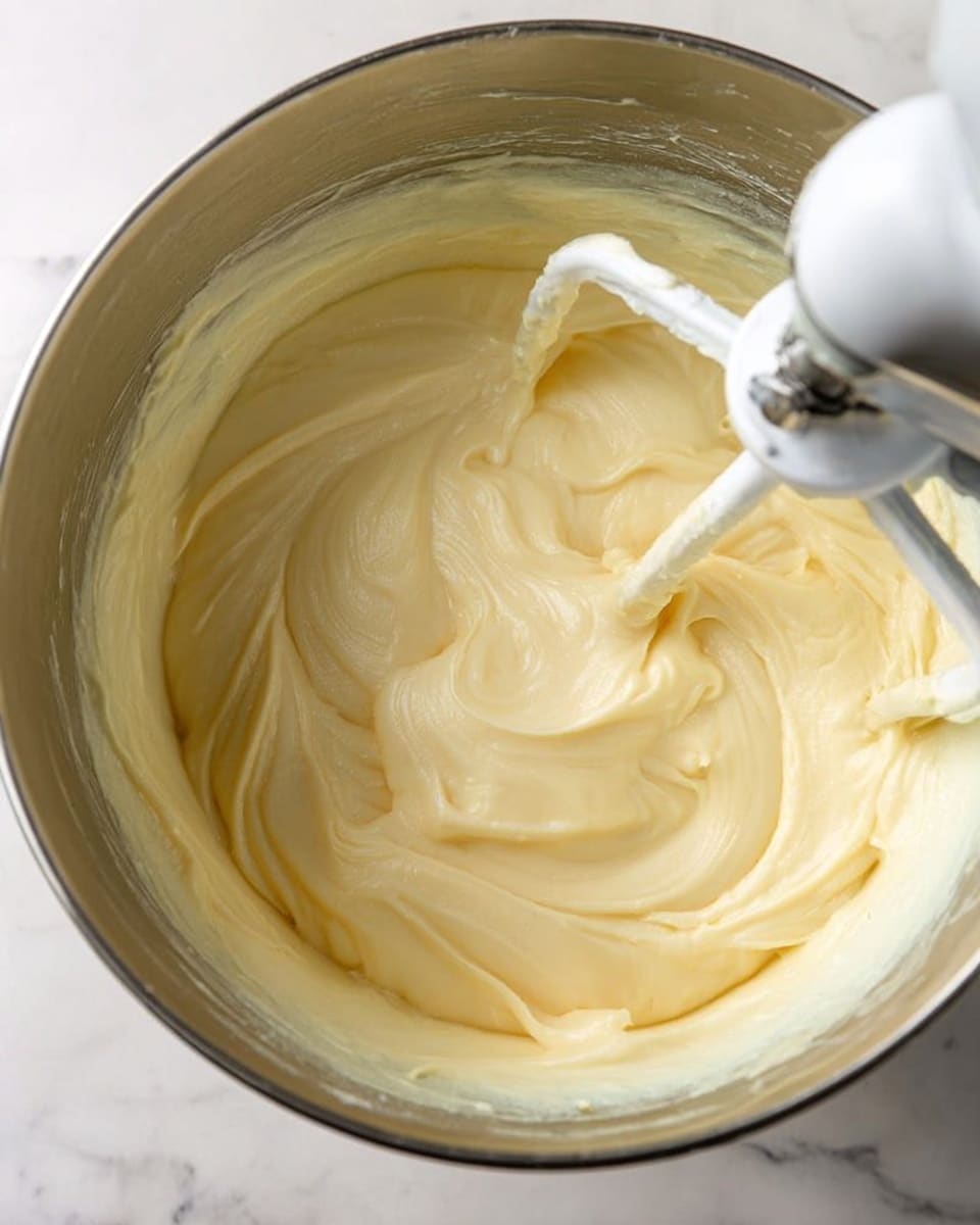 A close-up of a shiny silver mixing bowl filled with smooth, creamy pale yellow batter. A white mixer blade is partially covered in the thick batter, resting inside the bowl. The batter has soft swirls and folds made by the mixing process, showing a light, fluffy texture. The bowl sits on a white marbled surface. photo taken with an iphone --ar 4:5 --v 7