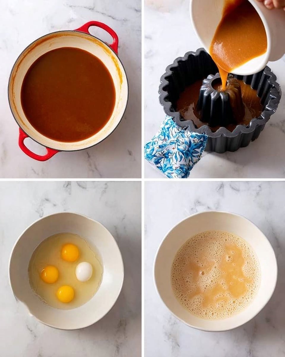 The images show four steps of cooking on a white marbled surface. The first image shows a white pan with a red handle, containing melted brown caramel sauce with a shiny smooth texture, and a woman's hand holding a blue patterned oven mitt. The second image shows the same caramel sauce being poured from the pan into a black bundt cake mold, with the same woman's hand holding the pan. The third image shows a white bowl with three egg yolks, milk, and vanilla essence on the bottom. The fourth image shows the same bowl with the mixture now smooth, bubbly, and light creamy color. Photo taken with an iphone --ar 4:5 --v 7