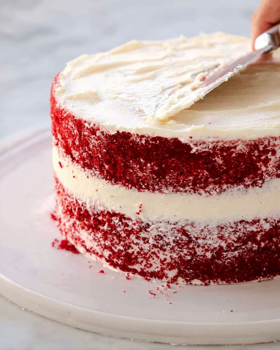 A three-layer round cake sits on a white plate, each layer showing a rich red color with a thick middle layer of smooth white frosting. The outside of the cake is lightly coated with cream-colored frosting spread unevenly, revealing bits of red cake underneath. A woman’s hand holds a spatula, gently smoothing the thick white frosting across the side of the cake. The surface under the plate is a white marbled texture, bright and clean, highlighting the cake’s vivid red and white tones. photo taken with an iphone --ar 4:5 --v 7