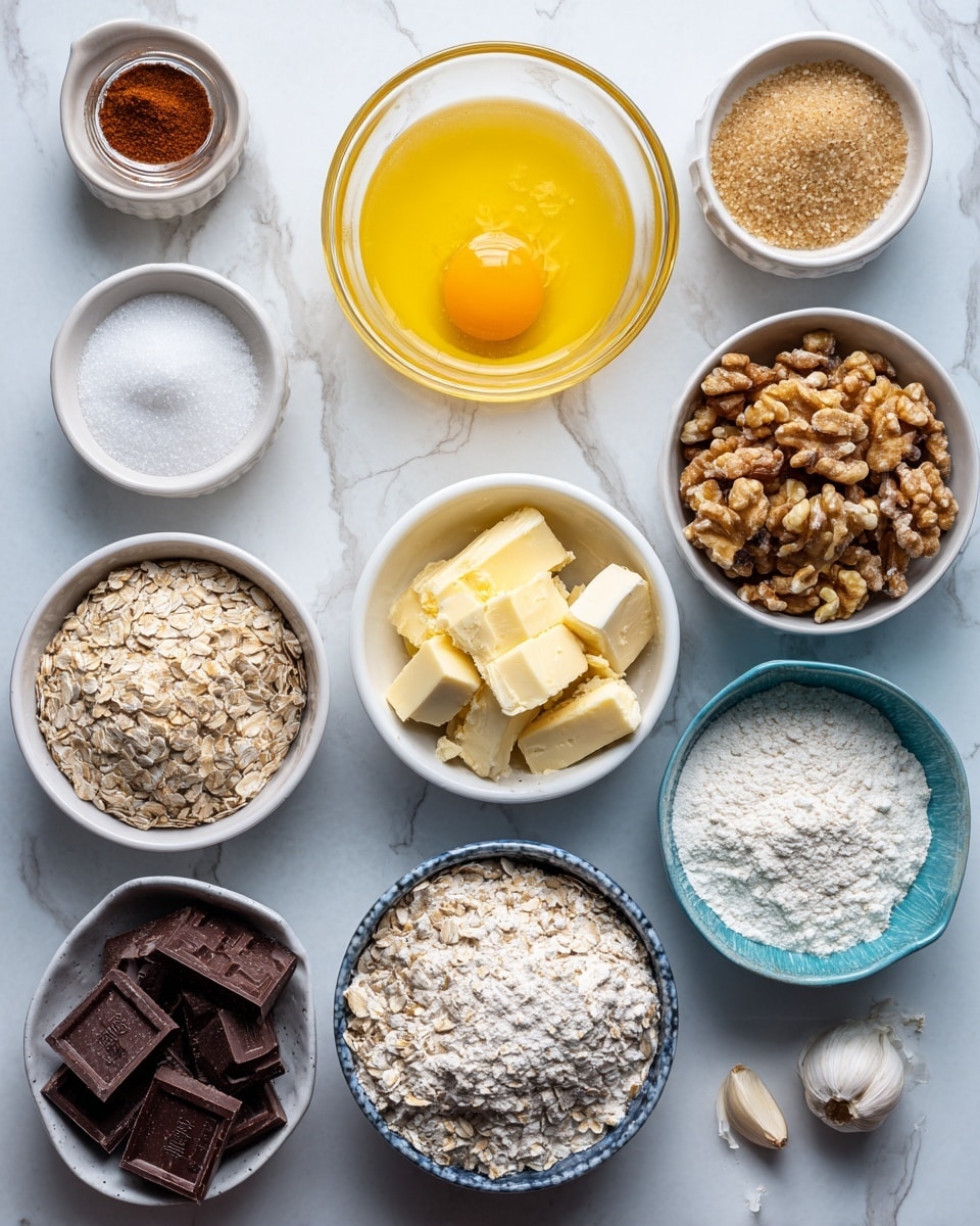 The image shows a collection of small white bowls and one clear glass bowl arranged on a white marbled surface. Each bowl contains different ingredients: the largest clear glass bowl holds melted yellow butter; one small white bowl contains a fresh cracked egg with a visible yolk; another white bowl is filled with light brown sugar; a white bowl next to it has white granulated sugar; one white bowl has chopped walnuts with a mix of light browns; another holds packed oats with a beige tone; a blue-rimmed white bowl contains white flour; a white bowl contains dark chocolate chunks; and there are two small glass containers holding spices—one with a reddish powder and the other with a fine white powder. Two small garlic cloves lie on the marbled surface near the bowls. Photo taken with an iphone --ar 4:5 --v 7