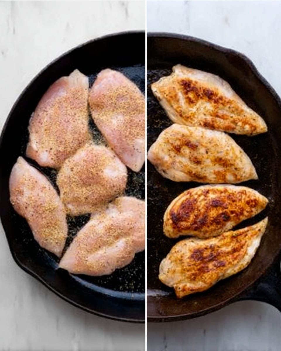 The image shows two side-by-side views of chicken breasts in a round black cast iron pan on a white marbled surface. On the left side, the pan holds six raw chicken breasts, light pink in color with a layer of light brown seasoning spread unevenly on their upper parts. On the right side, four chicken breasts are in the same pan, now cooked to a golden brown with a slightly crispy texture and some darker brown spots; they are arranged close but not overlapping. Photo taken with an iphone --ar 4:5 --v 7