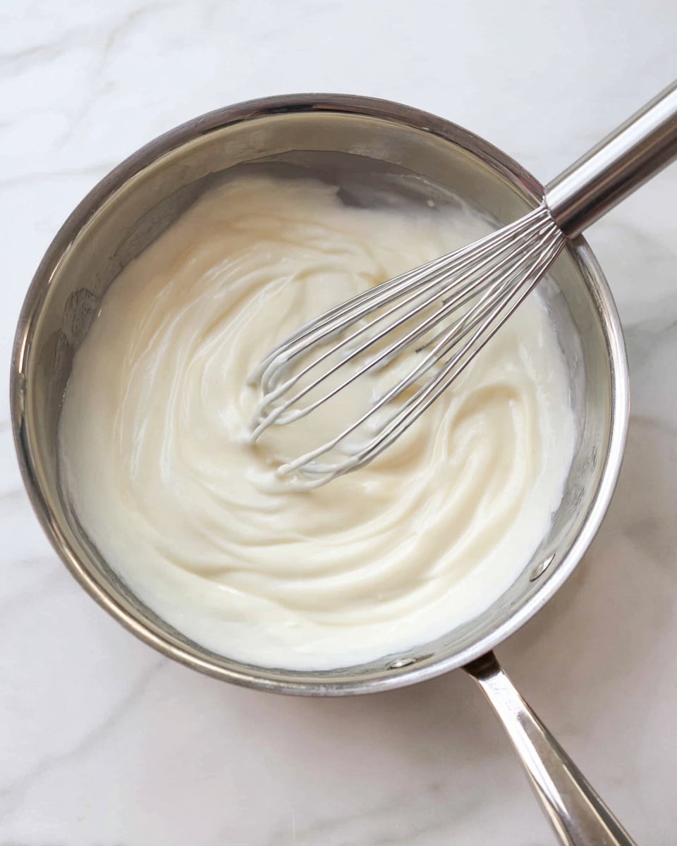 A shiny silver pan sits on a white marbled surface, with a smooth, creamy white sauce being mixed inside it. A metal whisk rests in the pan, partially covered in the thick sauce that spreads softly across the pan’s surface. The sauce has a silky texture with gentle swirls and a few glossy highlights. The pan handle extends out to the bottom right, reflecting light subtly, and the whole scene looks very clean and simple. Photo taken with an iphone --ar 4:5 --v 7