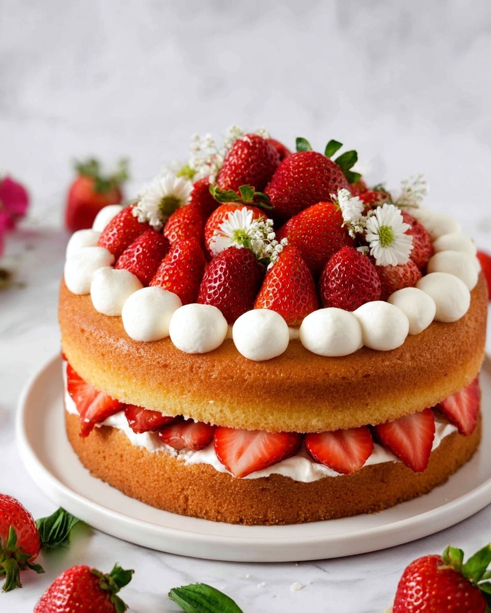 A two-layer round yellow cake sits on a white plate with a white marbled surface. The bottom layer is thick and golden brown, topped with white cream dollops and sliced red strawberries arranged in a circle. The top layer is the same golden brown cake, decorated on its edge with white cream dollops. The center of the top layer is piled with whole and halved bright red strawberries, some adorned with small white flowers. Around the plate and on the white marbled surface are scattered strawberries and green leaves, adding a fresh, natural touch. photo taken with an iphone --ar 4:5 --v 7