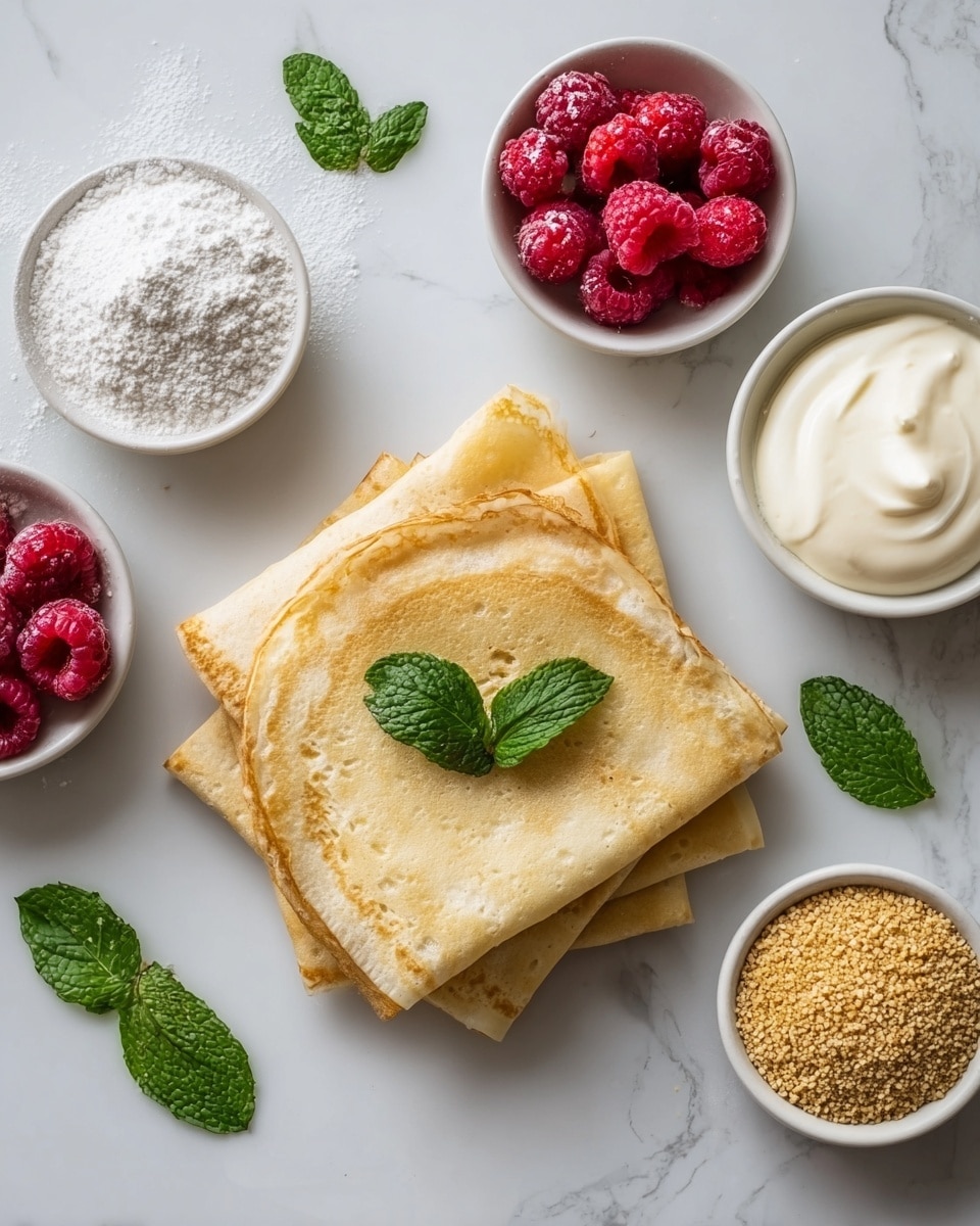 The image shows two folded crepes stacked in the center on a white marbled surface. The crepes are light golden brown and soft in texture, with a fresh green mint leaf placed on top. Around the crepes, there are five small white bowls arranged in a loose circle, each containing different ingredients: bright red raspberries, white powdered sugar, creamy white yogurt, a golden brown granular substance, and a coarse light brown mix. Fresh green mint leaves are also scattered on the surface for decoration. photo taken with an iphone --ar 4:5 --v 7