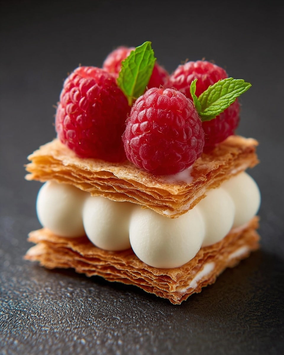 The image shows a small, elegant dessert made of two layers of thin, light brown, crispy pastry stacked on top of each other. Between the pastry layers, and on top of the dessert, there are dollops of smooth, white cream neatly placed. On the top layer, three fresh, bright red raspberries are arranged in a row, accompanied by two small, green mint leaves for decoration. The dessert sits on a dark, slightly textured surface. photo taken with an iphone --ar 4:5 --v 7