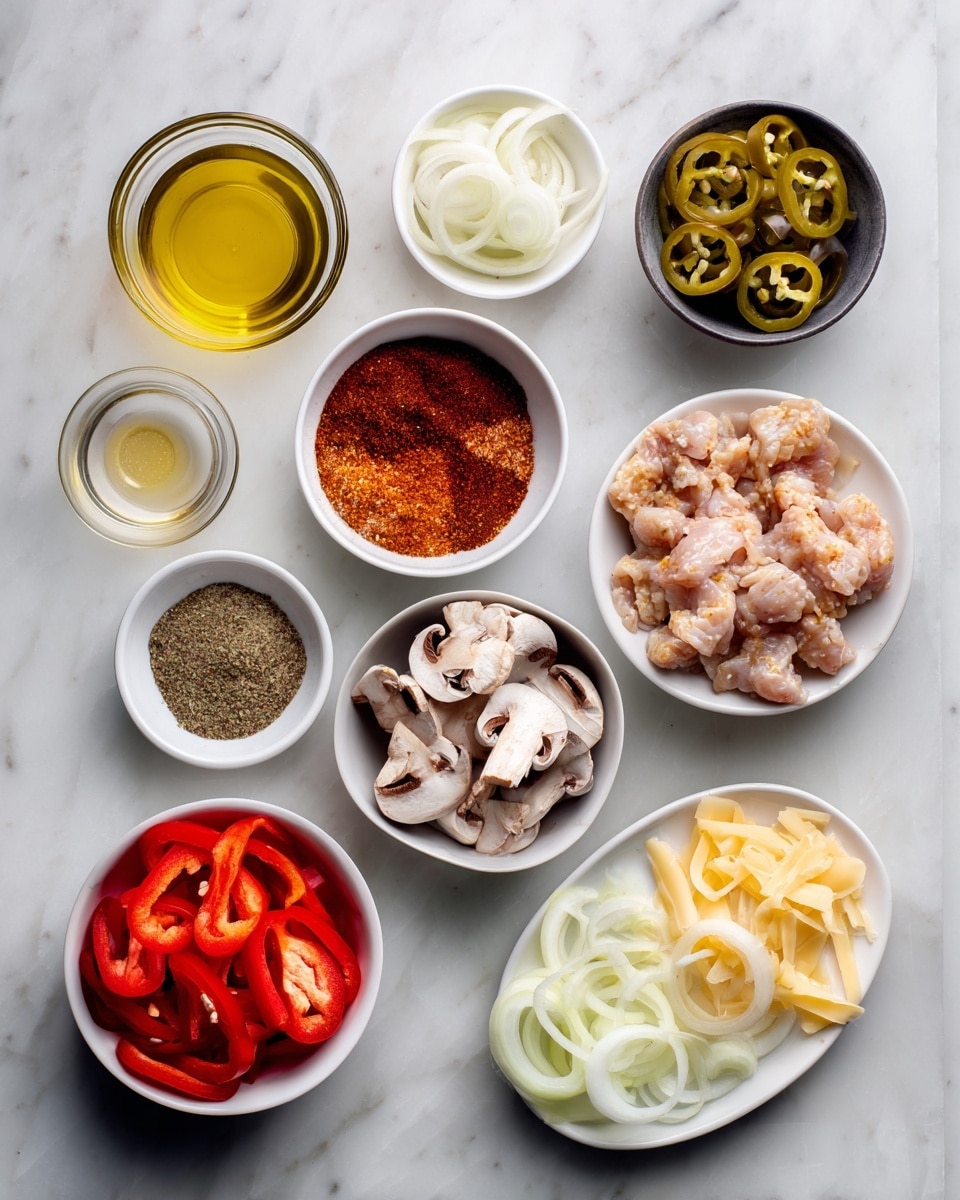 Top-down professional food photography flat lay style, bright white marble countertop, neatly arranged, evenly spaced, tidy, clean organized layout, include: small glass cup of olive oil, bowl of Cajun spice mix, small plate of prepared chicken pieces, small bowl of sliced onion, small bowl of sliced red bell pepper, small bowl of thinly sliced jalapenos, small bowl of sliced mushrooms, small plate of sliced pepper jack cheese, bright soft natural lighting, sharp focus, high detail textures, realistic reflections, professional DSLR look, 4K, no finished dish, no cooked food, no hands, no text, no watermark, no brand logos --ar 4:5 --v 7