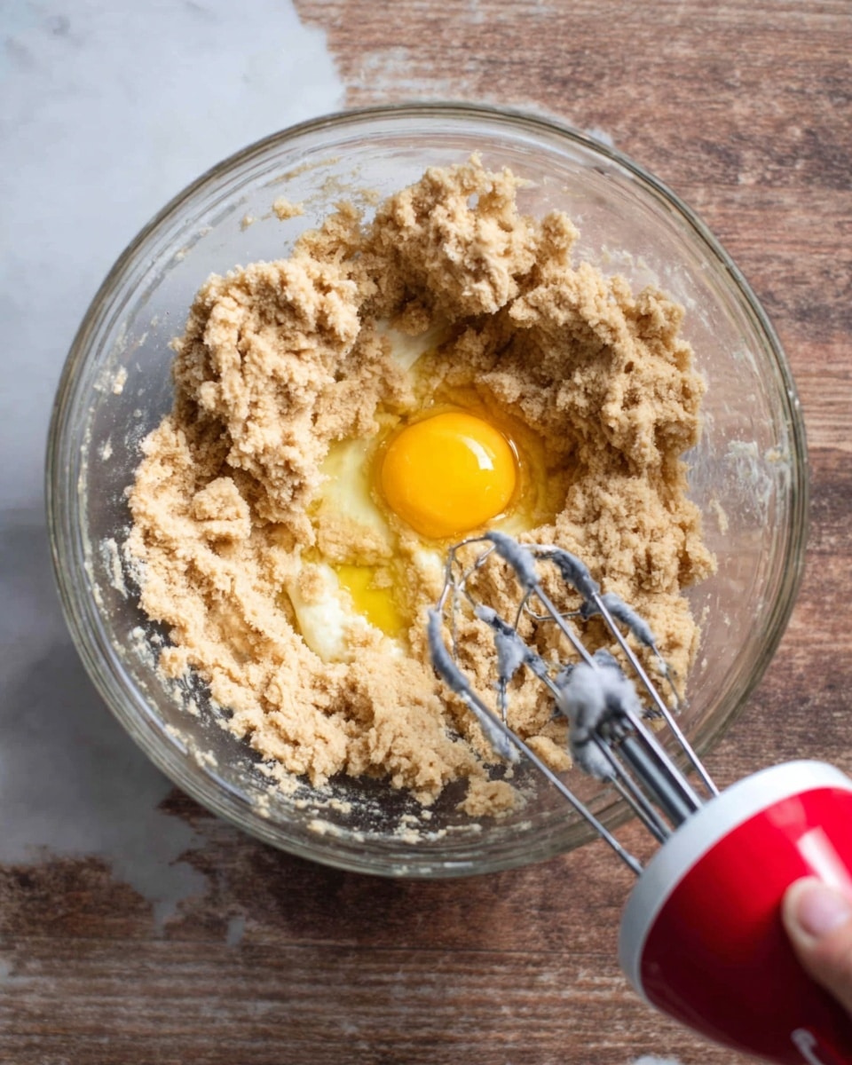 A clear glass bowl sits on a white marbled surface, filled with a chunky mix of light brown cookie dough. In the center, a raw egg yolk rests on top of the dough, its bright yellow color standing out. A red and white electric mixer with two metal beaters is partially placed inside the bowl on the right side. A woman’s hand holds the mixer handle, visible in the lower right corner. The rough texture of the dough contrasts with the smooth, shiny egg yolk in the middle photo taken with an iphone --ar 4:5 --v 7