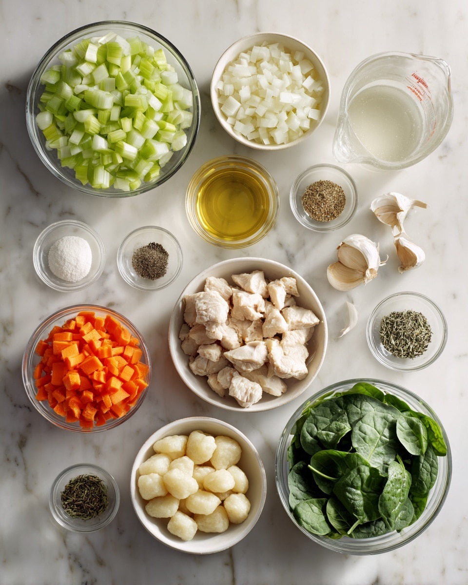 Top-down professional food photography, flat lay style, bright white marble countertop, neatly arranged, evenly spaced, tidy, clean organized layout, include: bowl of chopped celery, small bowl of diced white onion, small bowl of minced garlic, small bowl of shredded carrots, small glass cup of olive oil, glass measuring cup of low sodium chicken broth, small bowl of salt and pepper, small bowl of dried thyme, bowl of prepared chicken pieces, bowl of potato gnocchi, glass measuring cup of half and half, bowl of roughly chopped fresh spinach, bright soft natural lighting, sharp focus, high detail textures, realistic reflections, professional DSLR look, 4K, no finished dish, no cooked food, no hands, no text, no watermark, no brand logos --ar 4:5 --v 7
