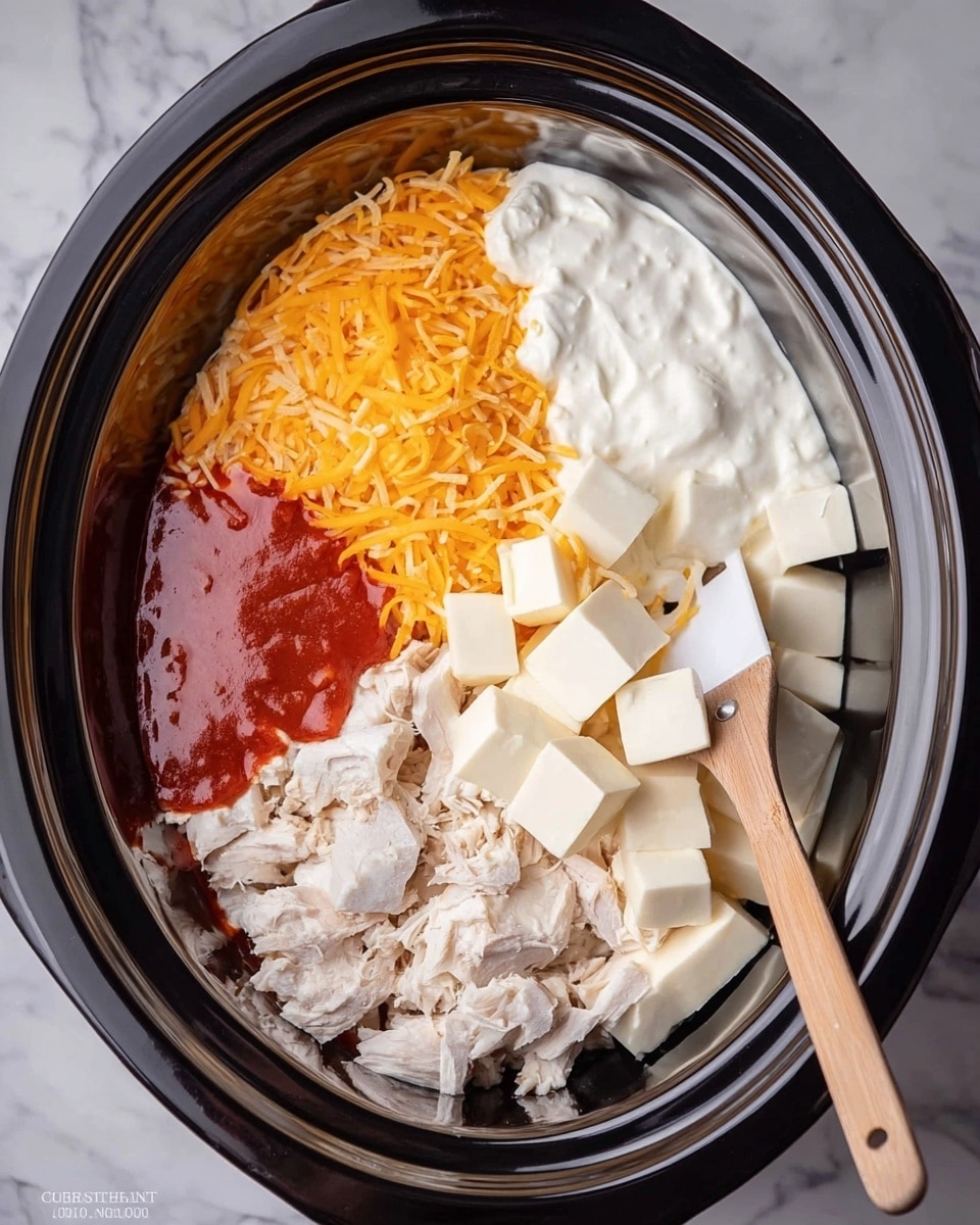 Inside a black slow cooker, five layers of ingredients are neatly arranged without mixing. At the bottom left, there are small pieces of cooked white chicken. Above the chicken, a pile of bright orange shredded cheddar cheese sits in the center. To the right of the cheese, a thick layer of white creamy ranch dressing spreads smoothly. At the top, several soft white cubes of cream cheese are grouped together. On the left side, a pool of bright red spicy sauce adds a splash of color. A white spatula with a wooden handle rests on the edge of the slow cooker. The slow cooker is set on a white marbled surface. Photo taken with an iphone --ar 4:5 --v 7