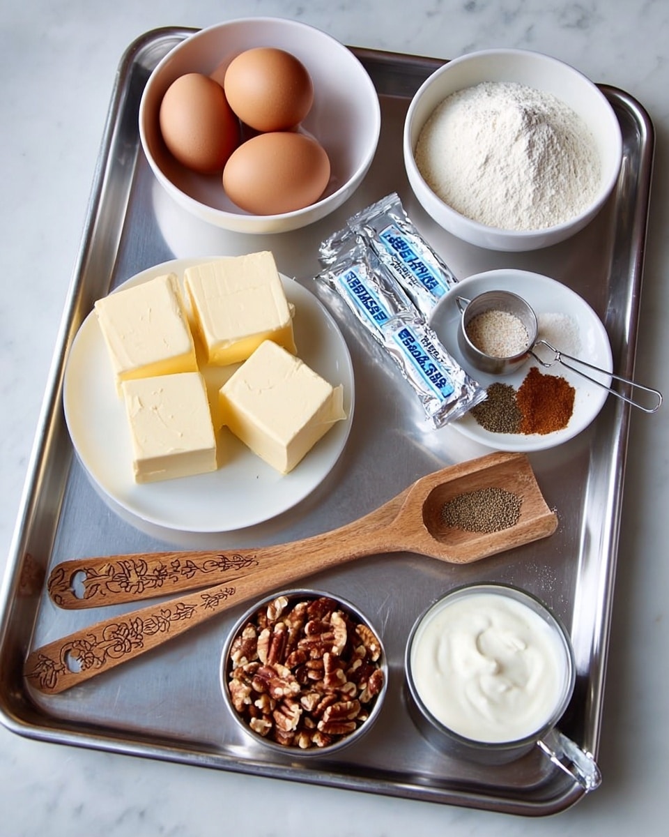 A metal baking tray holds several baking ingredients arranged neatly: a white plate with six thick blocks of pale yellow butter on the left; above it, a white bowl with four brown eggs; two foil-wrapped butter sticks sit in the center; next to them is a set of wooden measuring spoons with carved designs on the handles. On the right side, a white bowl contains white flour, brown sugar, and a small heap of black pepper or spice. Below that, a glass measuring cup is filled with white cream. At the bottom right, a metal cup holds chopped brown nuts. The whole setup is on a white marbled surface. photo taken with an iphone --ar 4:5 --v 7