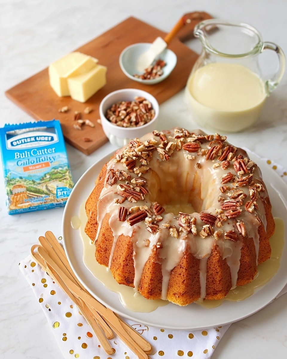 A round bundt cake is placed on a white plate, topped with a shiny light beige glaze that drips slightly over the sides. The glaze is sprinkled with chopped pecans that add a rough texture and a warm brown color contrast. The cake itself is a golden brown color with a soft, moist texture visible from the slight cracks on the surface. The plate sits on a white marbled surface with a white cloth underneath it, dotted with soft gold and gray circles. Nearby, there is a wooden board with a stick of butter in colorful blue and white packaging, two small wrapped butter blocks, a set of four wooden measuring spoons stacked on top, a clear glass pitcher with a creamy light yellow liquid inside, and a small white bowl filled with chopped pecans. Photo taken with an iphone --ar 4:5 --v 7
