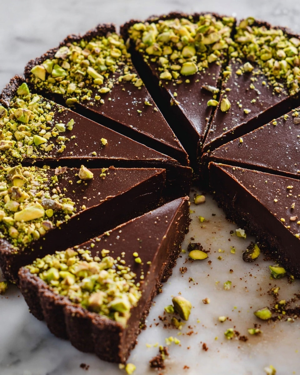 A round chocolate tart sliced into eight pieces is shown on a white marbled surface. The tart has two main layers: a smooth, dark chocolate filling in the middle that looks glossy and rich, and a thin chocolate crust around the edges. The top edge of the tart is decorated with a generous sprinkle of crushed green pistachio nuts, adding bright green and light brown colors and a rough texture. One slice is slightly pulled out, showing the smooth sides of the chocolate layers. Photo taken with an iphone --ar 4:5 --v 7