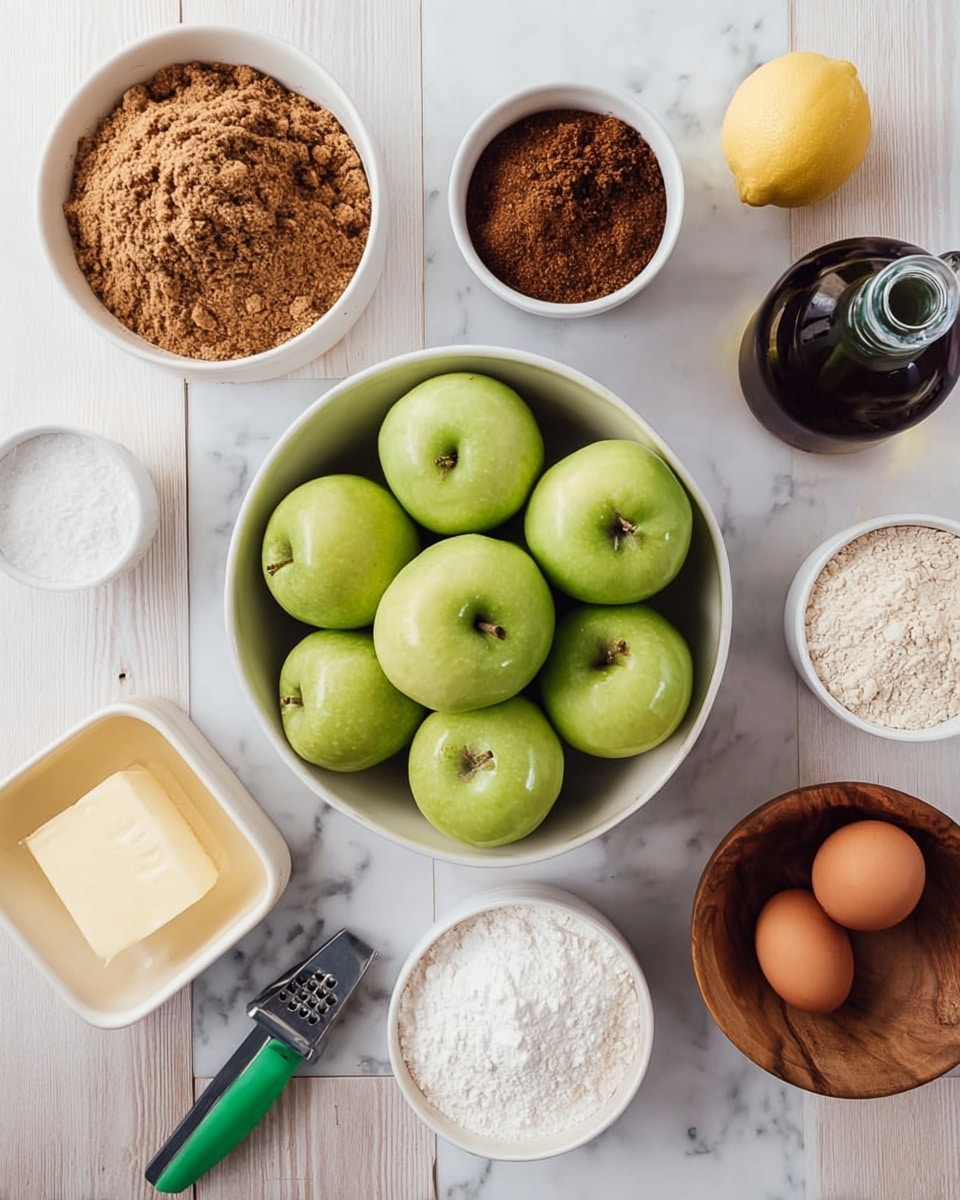The image shows a round white bowl filled with green apples placed in the center on a white marbled surface. Around it are several small white bowls and containers holding different baking ingredients: light brown crumbly flour, dark brown sugar, white flour, and granulated white sugar. To the bottom left is a white container with pale yellow butter, and nearby is a metal peeler with a green handle. On the right side, there is a dark glass bottle, a lemon half, and two brown eggs resting in a small wooden bowl. The layout is neat with all items spaced evenly on the white marbled surface, creating a clean and organized cooking scene. Photo taken with an iphone --ar 4:5 --v 7