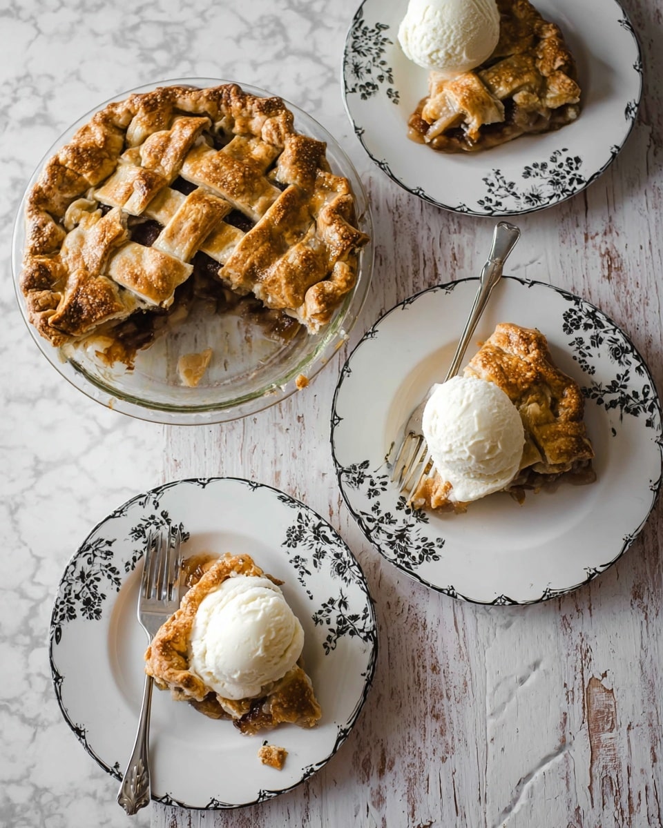 The image shows a round pie with a golden-brown crust in a clear glass pie dish on a white marbled surface. The pie has a lattice top with a slightly flaky texture and some dark filling visible underneath. Three white plates, each with a black floral pattern around the edges, hold slices of the pie topped with a scoop of white ice cream that has a smooth, creamy texture. Each plate has a silver fork resting on it, with the forks placed near the pie slices. The overall look is warm and inviting, with a mix of soft, light colors against the rustic white marbled background. Photo taken with an iphone --ar 4:5 --v 7