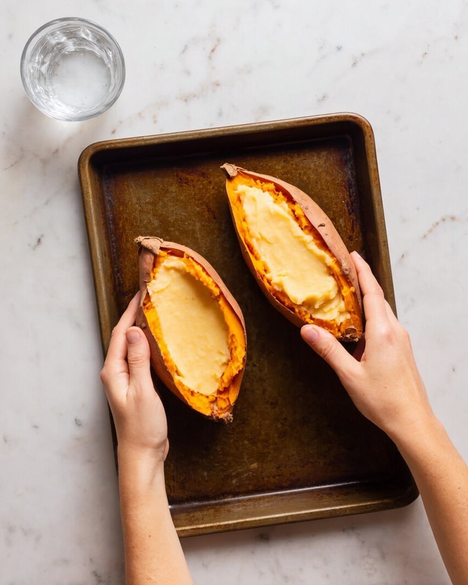 Two orange sweet potato halves filled with smooth, pale yellow mashed sweet potato are placed on a dark metal baking tray. A woman's two hands are gently holding the left sweet potato half from the bottom and the side. The tray is resting on a white marbled surface, and a clear glass of water is near the top left corner of the tray. The scene is lit softly, highlighting the textures of the sweet potato skin and the creamy filling. Photo taken with an iphone --ar 4:5 --v 7
