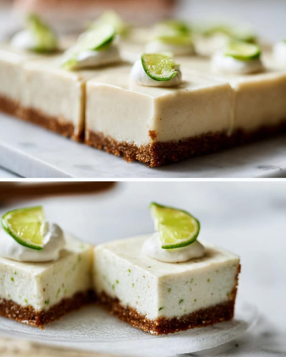 The image shows a dessert with two layers on a white marbled surface. The first layer is a brown crumbly crust, firm and thick. On top of it is a thick, smooth, creamy off-white layer with small green specks, soft and even. The dessert pieces are cut into squares and arranged on a round transparent glass plate. Each piece has a small dollop of white cream on top, garnished with a thin, bright green lime slice. The background is softly blurred, making the dessert the focus. photo taken with an iphone --ar 4:5 --v 7