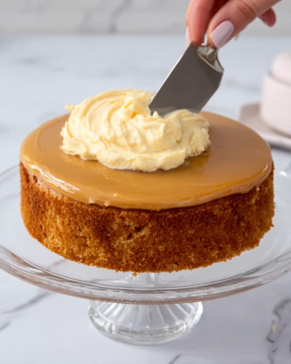 A single round cake layer with a golden brown color is placed on a clear glass cake stand. On top of the cake, there is a smooth, shiny layer of light brown caramel spread evenly. Above the caramel, a thick layer of creamy, pale yellow frosting is being spread smoothly with a metal spatula held by a woman's hand. The background is a white marble surface. Photo taken with an iphone --ar 4:5 --v 7