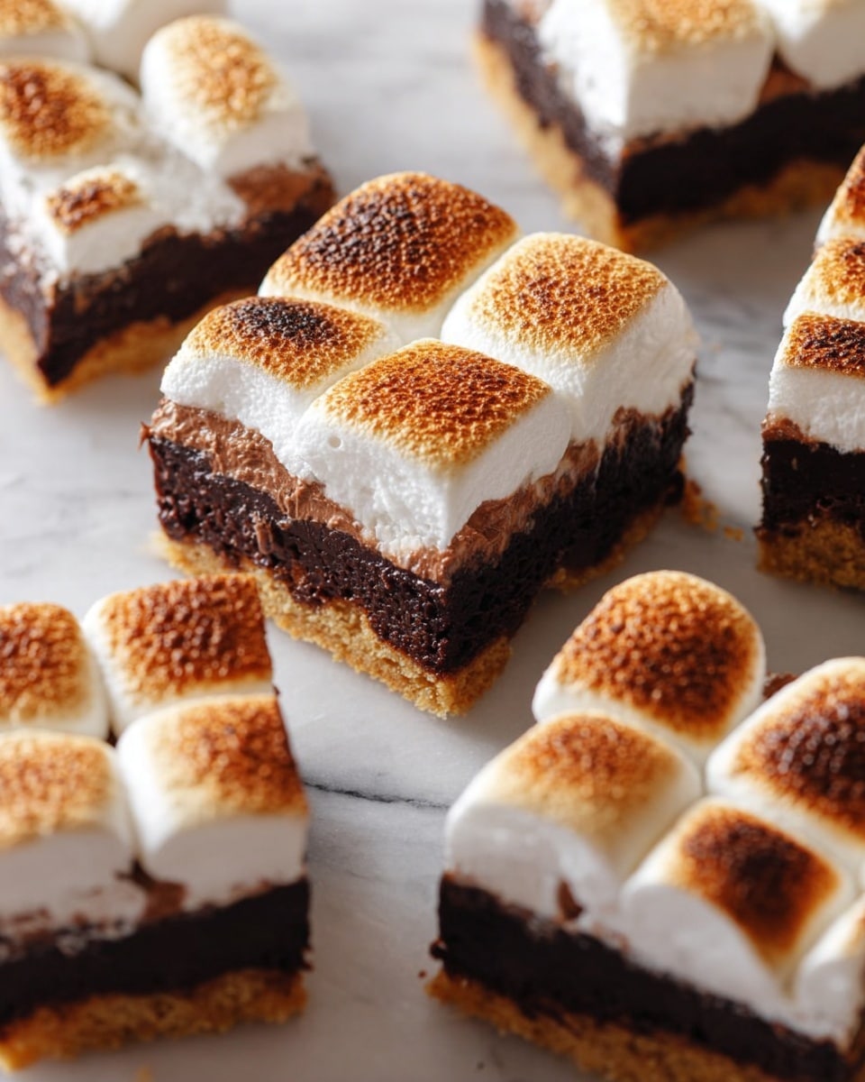 The image shows square pieces of a dessert with three layers: a golden brown crust as the bottom layer, a thick and rich dark brown chocolate layer in the middle, and a fluffy white marshmallow topping toasted to a golden brown on top, each square topped with four evenly browned marshmallow sections. One piece is turned to show the inside layers clearly, while the others are placed on a white marbled surface. The texture of the marshmallow is soft and puffy, and the chocolate layer looks moist and dense. Photo taken with an iphone --ar 4:5 --v 7