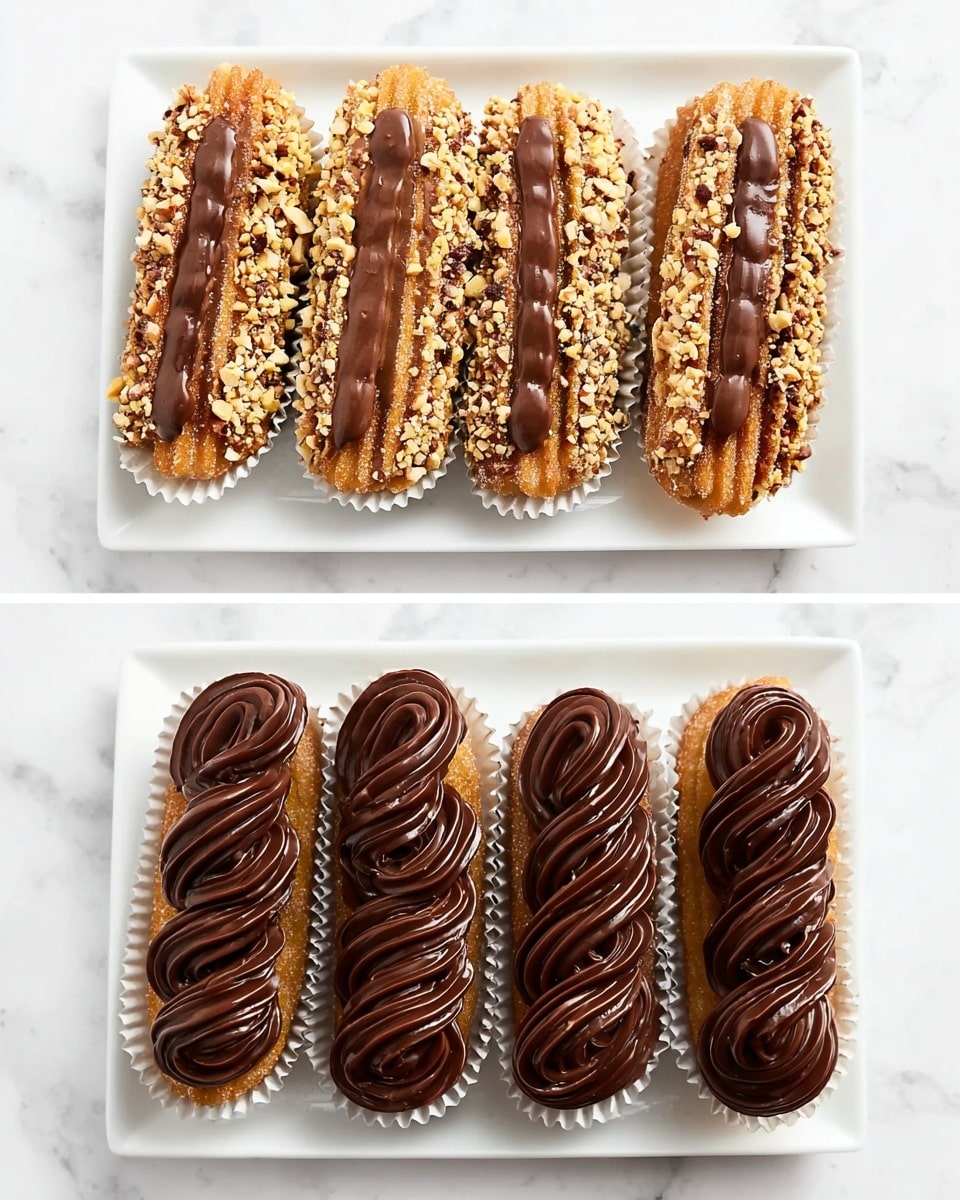 The image shows two white rectangular plates on a white marbled surface, each holding eight churros arranged in two rows of four. The churros are light brown and coated with chopped nuts on their sides. The top plate’s churros have a smooth light brown filling visible in the center. The bottom plate’s churros are topped with thick, dark chocolate frosting swirled in curvy lines across their tops, slightly glossy and rich in texture, with the chopped nuts still visible on the edges beneath the frosting. Each churro sits inside a small, white ruffled paper cup. Photo taken with an iphone --ar 4:5 --v 7