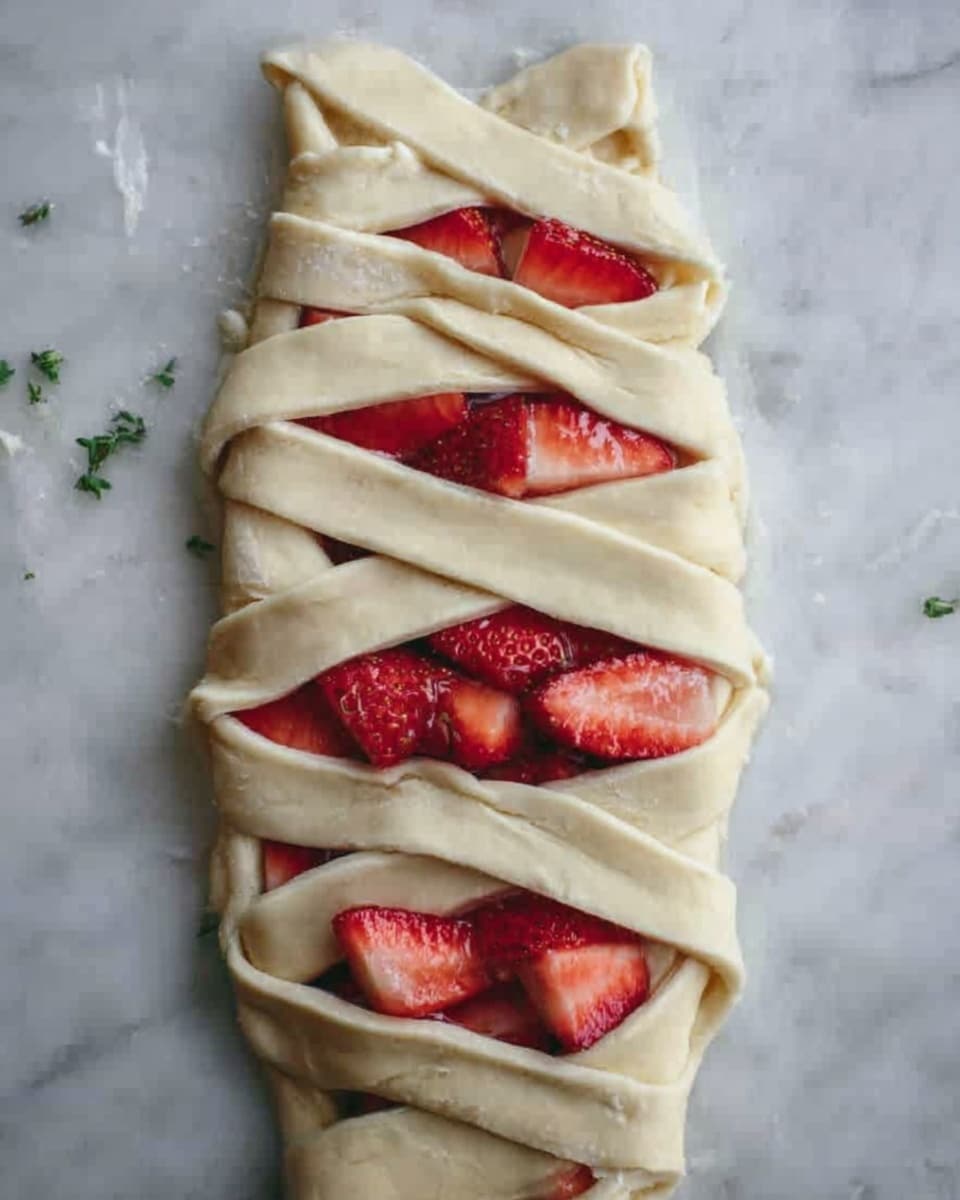 The image shows a raw pastry shaped like a braided braid with bright red slices of strawberries placed in the middle. The braided layers are made of light beige dough strips that are folded over the strawberries, creating a crisscross pattern on the white marbled surface. The strawberries appear juicy and fresh, contrasting with the smooth, uncooked dough. Photo taken with an iphone --ar 4:5 --v 7