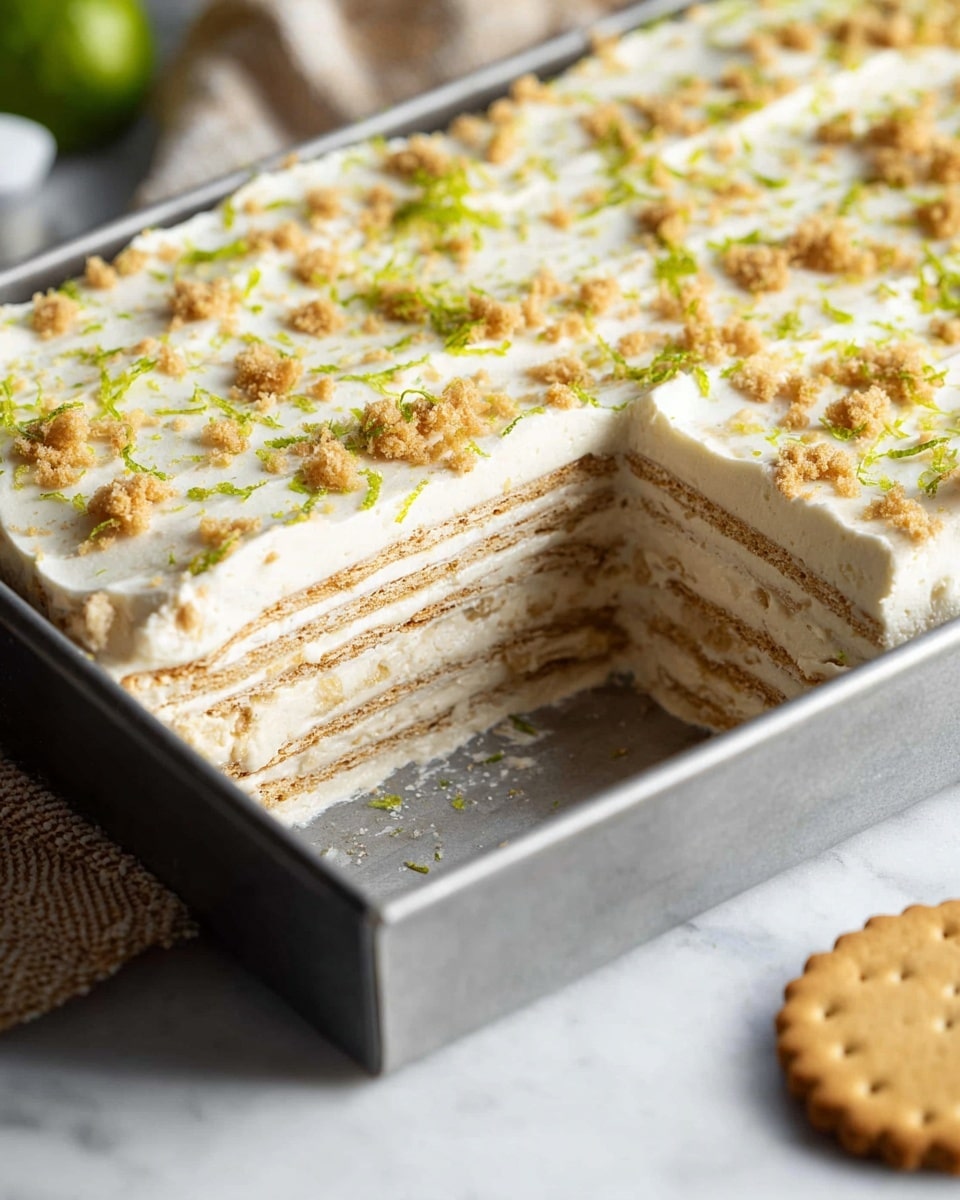 This image shows a rectangular metal tray filled with a layered dessert. The dessert consists of multiple thin, light beige layers of biscuits stacked evenly with a creamy white layer in between each biscuit layer. The top layer is cream colored and slightly textured, sprinkled with green lime zest and small crumbled biscuit pieces lightly scattered across the surface. A wedge of the dessert is missing from the corner, showing the neat layers inside. The tray rests on a white marbled surface, with part of a woven cloth and a round biscuit visible nearby. photo taken with an iphone --ar 4:5 --v 7