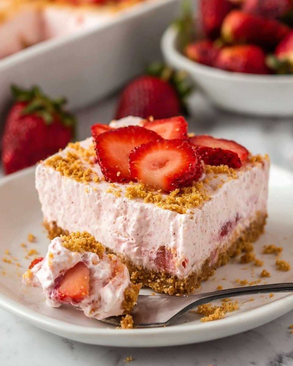 A slice of strawberry dessert is shown on a white plate with three layers. The bottom layer is a golden brown crumbly crust, thick and even. The middle layer is a light pink creamy filling with small pieces of strawberries mixed in, thick and smooth. The top layer is a thin sprinkle of golden crumbs, with fresh sliced strawberries arranged in a neat pattern on top. A fork on the plate holds a small piece of the dessert with some cream and a slice of strawberry. The background shows whole strawberries and a white dish with more of the dessert. The surface is white marbled texture. photo taken with an iphone --ar 4:5 --v 7