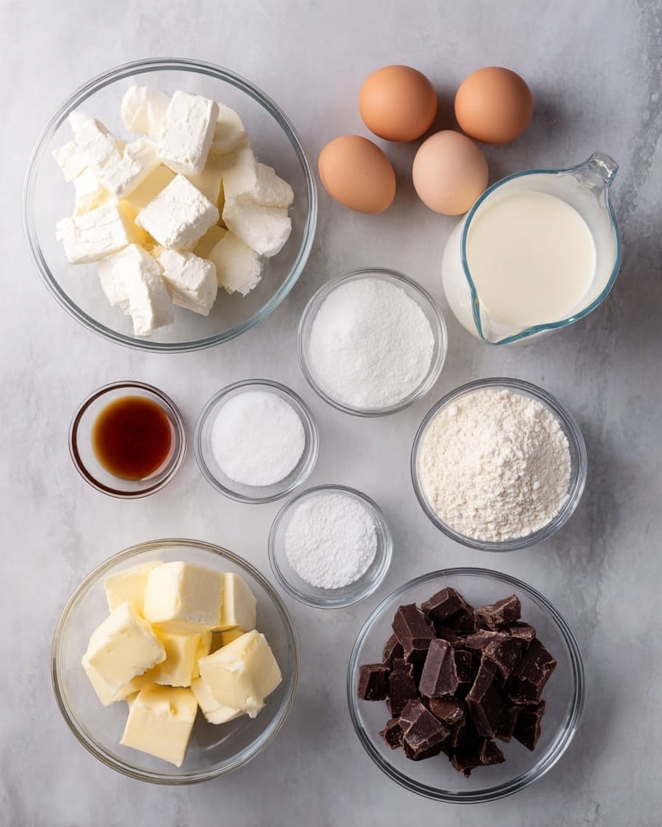This image shows a collection of baking ingredients arranged neatly on a white marbled surface. There are three eggs placed individually in clear glass bowls, one near the top left and two near the bottom right. A large clear bowl holds white cubes of cream cheese on the left side. Around this, smaller glass bowls hold white granulated sugar, flour, and a smaller amount of brown vanilla extract. There is also a small bowl with white salt, a bowl with light yellow butter cubes, and a bowl filled with dark chocolate chunks. A clear glass measuring jug contains cream, positioned near the upper right. All ingredients are arranged in a neat grid-like pattern, with plenty of space between each bowl and the surface clean and uncluttered. Photo taken with an iphone --ar 4:5 --v 7