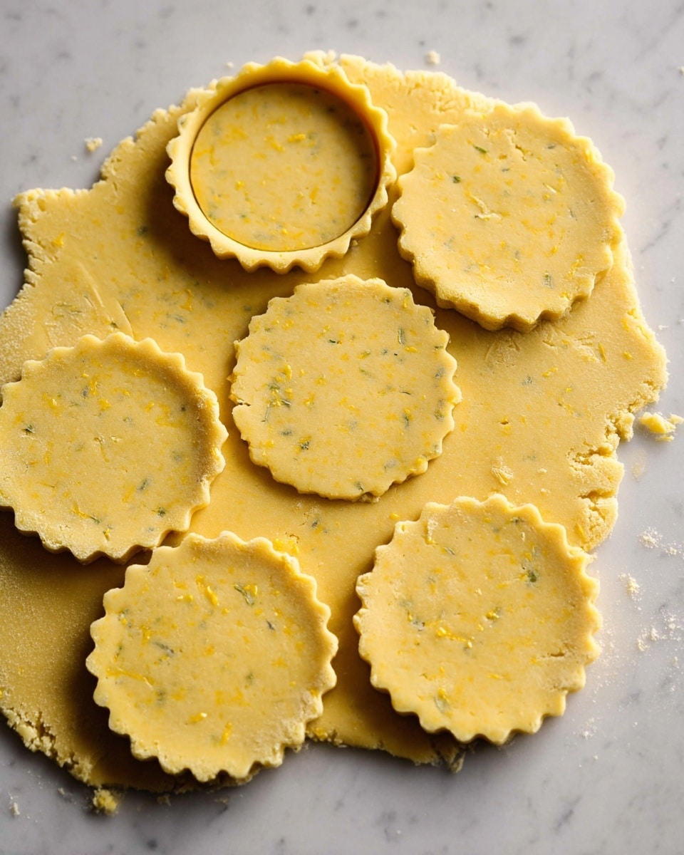The image shows a flat layer of yellow dough with small bits of zest, rolled out on a white marbled surface. Six round shapes with scalloped edges have been cut from the dough, arranged close together on top. One round shape is missing, leaving a clear scalloped hole in the dough. The dough looks soft with a slightly crumbly texture around the edges. photo taken with an iphone --ar 4:5 --v 7