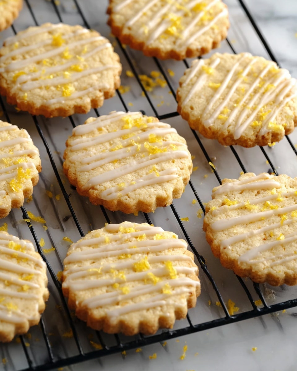 A group of round cookies with scalloped edges, each topped with a light, creamy drizzle arranged in neat lines across the surface. The cookies have a pale golden color with small bits of bright yellow zest scattered over the glaze. They rest on a black wire cooling rack sitting against a white marbled surface, with crumbs and zest bits sprinkled around. The texture looks slightly crumbly and soft with a smooth icing layer on top photo taken with an iphone --ar 4:5 --v 7