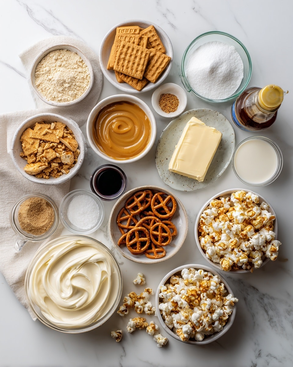 Top-down professional food photography, flat lay style, bright white marble countertop, neatly arranged, evenly spaced, tidy, clean organized layout, include: bowl of crushed digestive biscuits, small bowl of crushed salted pretzels, small plate of melted unsalted butter, bowl of full fat cream cheese, small bottle of vanilla flavoring, small bowl of icing sugar, small glass cup of caramel sauce, small bowl of Maldon sea salt flakes, glass measuring cup of double cream, small bowl of toffee popcorn, small bowl of whole pretzels, bright soft natural lighting, sharp focus, high detail textures, realistic reflections, professional DSLR look, 4K, no finished dish, no cooked food, no hands, no text, no watermark, no brand logos --ar 4:5 --v 7