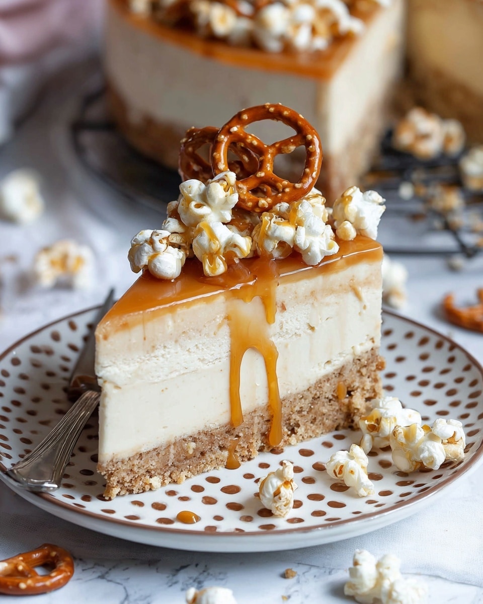 A slice of layered dessert with three main visible layers: a light brown crumbly base, a thick creamy beige middle layer, and a shiny caramel glaze on top. The top is decorated with small popcorn pieces and twisted pretzels, some caramel dripping down the sides. The slice rests on a white plate with a scattered brown dash pattern and a silver fork nearby. More of the whole dessert is seen blurred in the background on a cooling rack, all set on a white marbled surface. Photo taken with an iphone --ar 4:5 --v 7