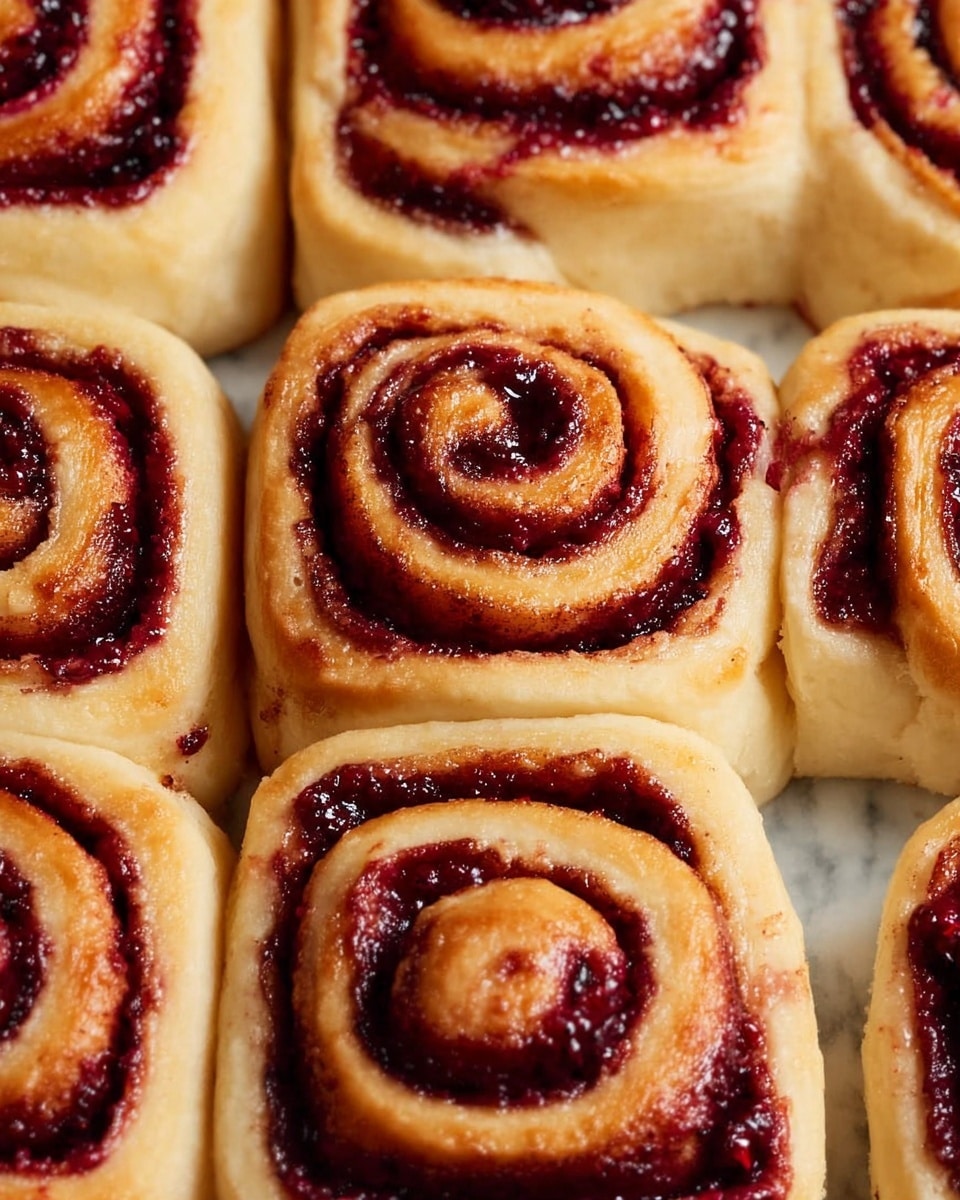 The image shows a close-up of a group of freshly baked cinnamon rolls arranged tightly together. Each roll has multiple visible layers of soft, golden dough spiraled with a dark reddish-brown cinnamon and berry filling that looks thick and slightly sticky. The rolls are square-shaped from being baked side-by-side, with the outer edges showing a light golden tan color. The texture looks soft and fluffy with a glossy finish on the filling. They are placed on a white marbled surface. photo taken with an iphone --ar 4:5 --v 7