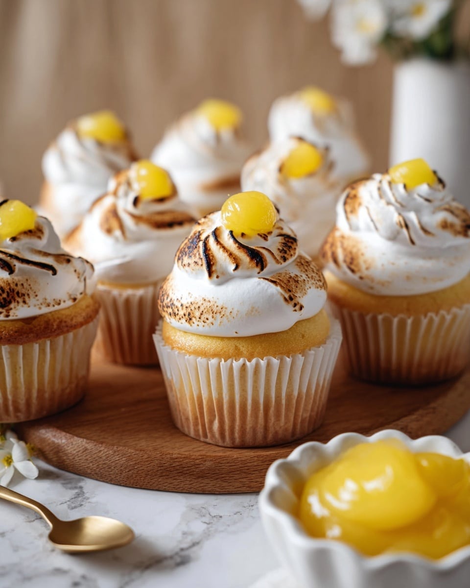 The image shows several cupcakes on a wooden board placed on a white marbled surface. Each cupcake has a light golden yellow base with a white paper liner. On top, there is a swirled layer of toasted white meringue with dark brown spots from toasting, giving it a slightly rough texture. At the peak or side of the meringue, there is a small dollop of smooth, bright yellow lemon curd, shining under the light. In the foreground, a white dish holds more lemon curd with a gold spoon. A blurred white flower pot is visible in the background. photo taken with an iphone --ar 4:5 --v 7
