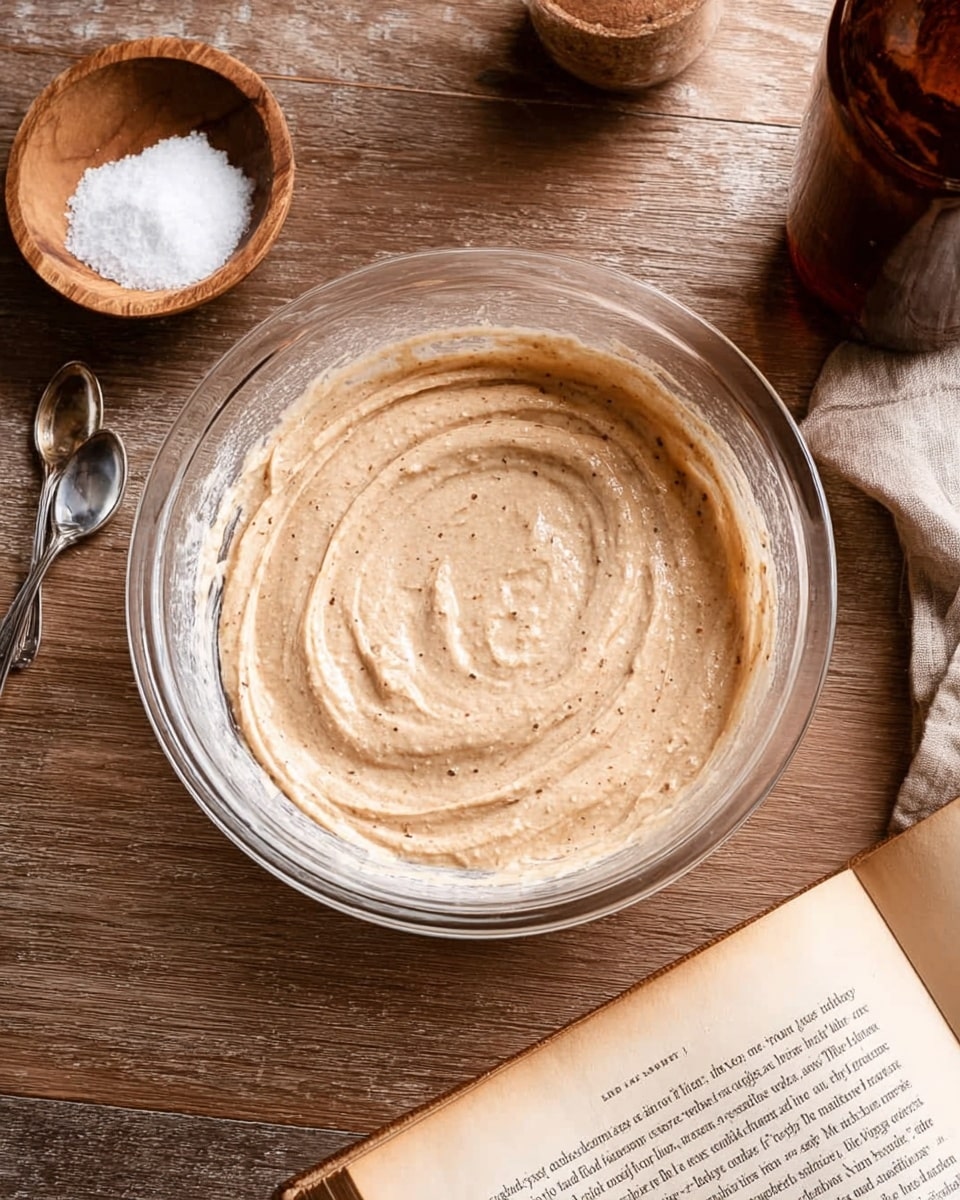 A clear glass bowl holds a creamy mix that is light brown with tiny darker specks spread evenly through it. The texture looks smooth and soft, with some swirled patterns on the surface showing gentle folds and peaks. Around the bowl, there is a small wooden bowl full of fine white salt and two small silver spoons placed next to it. The scene is set on a wooden table, with an open old book showing text at the bottom right corner. In the top right, there is a partially visible dark brown glass jar. photo taken with an iphone --ar 4:5 --v 7