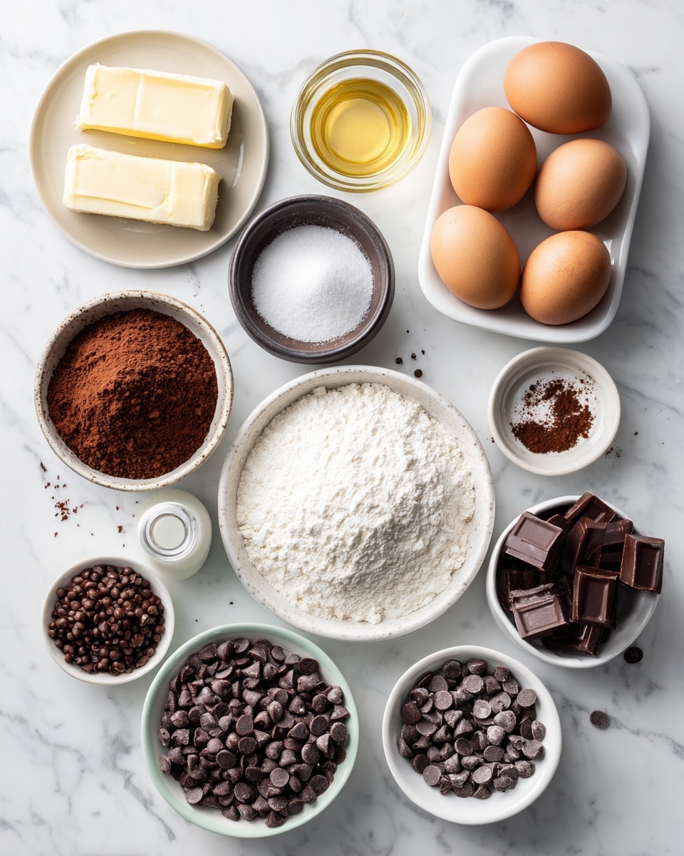Top-down professional food photography flat lay style, bright white marble countertop, neatly arranged, evenly spaced, tidy, clean organized layout, include: small plate of unsalted butter, small bowl of granulated sugar, bowl of finely chopped bittersweet chocolate, small plate of large eggs, small bottle of vanilla essence, bowl of all-purpose flour, small bowl of Dutch process cocoa powder, small bowl of salt, small bowl of bittersweet chocolate baking chips, small bowl of semisweet chocolate chips, bright soft natural lighting, sharp focus, high detail textures, realistic reflections, professional DSLR look, 4K, no finished dish, no cooked food, no hands, no text, no watermark, no brand logos --ar 4:5 --v 7