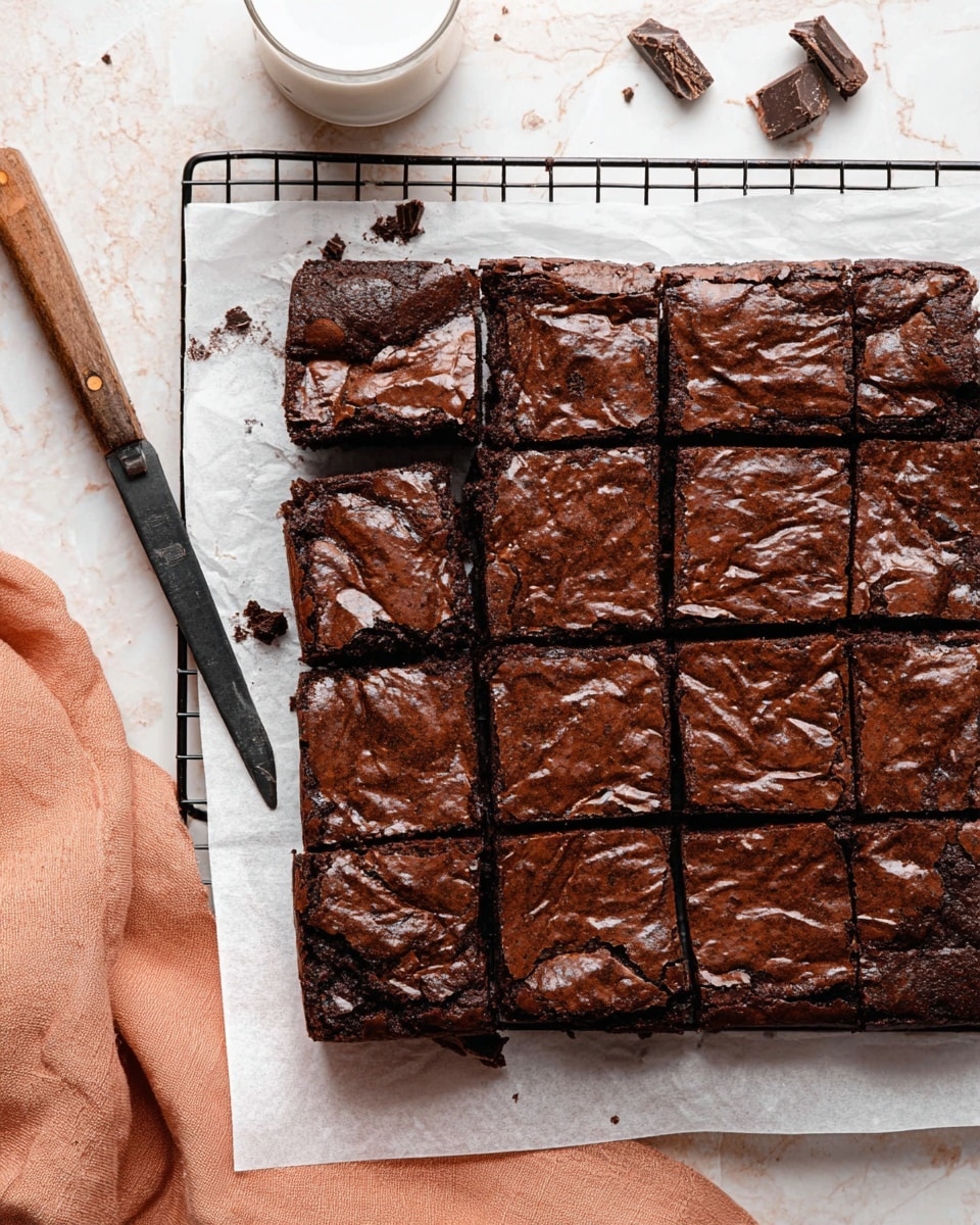 A large rectangular chocolate brownie is placed on white parchment paper on a black cooling rack, divided into sixteen square pieces. The brownie top has a shiny, cracked texture with rich dark brown color and visible chocolate chunks inside. Around the brownie, there are small crumbs and broken pieces of dark chocolate. On the left side of the image, an old rustic knife with a wooden handle rests diagonally on the paper. The background and surface are white with a marbled texture. A glass of milk and a peach-colored cloth are partially visible on the left corner. photo taken with an iphone --ar 4:5 --v 7