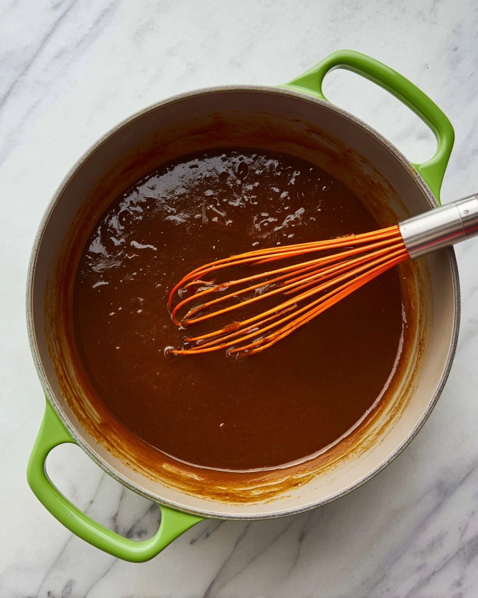 A light gray pot with green handles is filled with thick, dark brown sauce with a smooth texture and some shiny spots. Inside the pot is an orange whisk with a silver handle, partially covered in the sauce, resting near the center. The pot sits on a white marbled surface that adds a clean, bright background to the scene. photo taken with an iphone --ar 4:5 --v 7