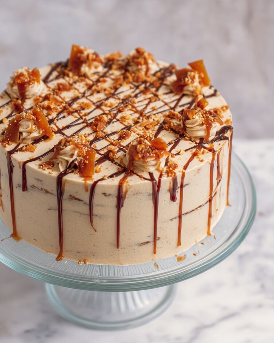 A round cake with three visible light brown creamy layers covered fully in the same smooth light brown frosting. The top of the cake is decorated with thin drizzles of dark caramel sauce forming a web-like pattern. Scattered on top are small pieces of shiny amber-colored caramel shards and bits of crunchy toffee adding texture and contrast. The cake sits on a clear glass cake stand, placed on a white marbled surface. photo taken with an iphone --ar 4:5 --v 7
