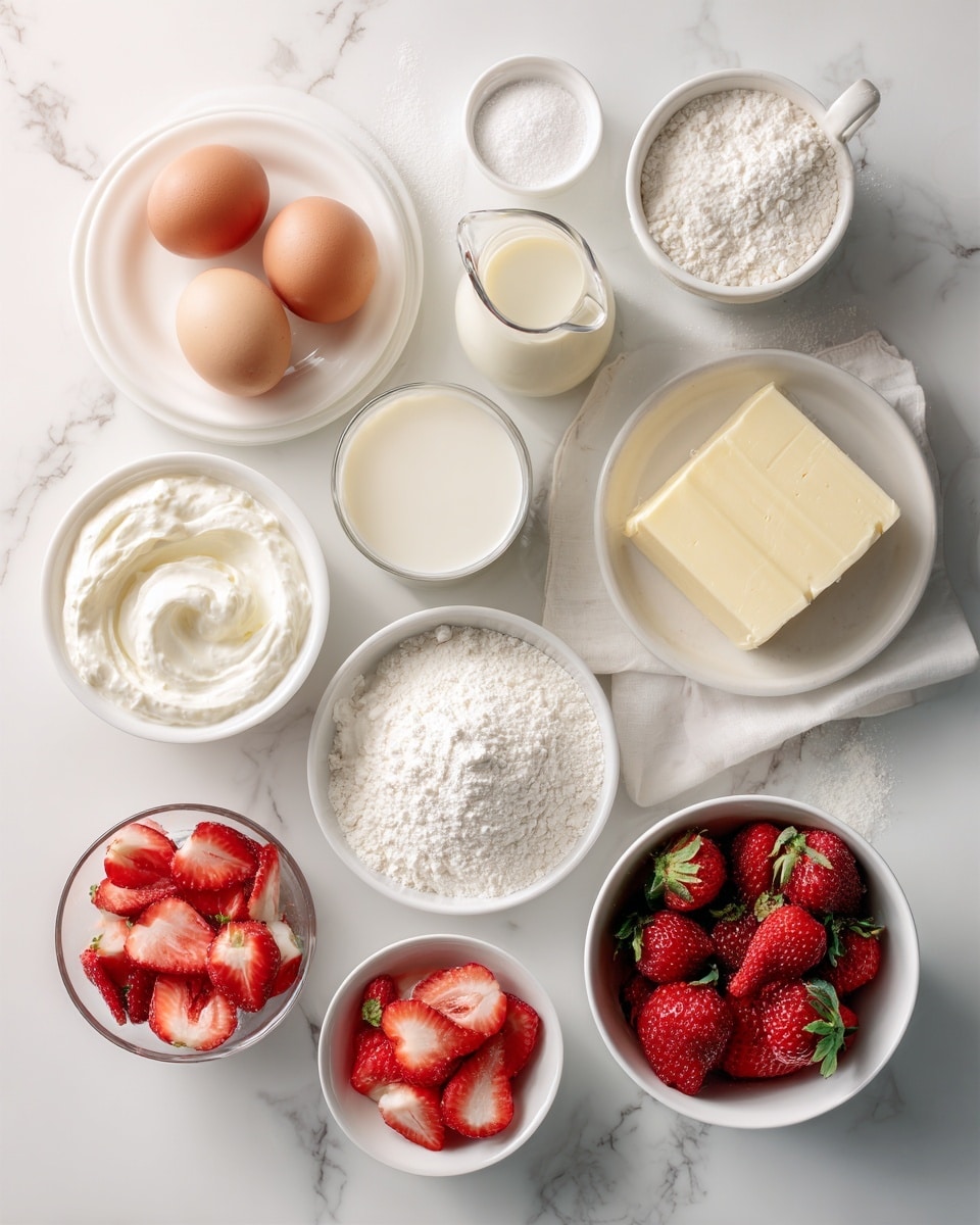 Top-down professional food photography, flat lay style, bright white marble countertop, neatly arranged, evenly spaced, tidy, clean organized layout. Include: small plate with large eggs, small bowl of granulated sugar, small bowl of cake flour, small plate with melted and cooled unsalted butter, glass measuring cup with milk, small bottle of vanilla essence, large bowl of whipping cream, small bowl of powdered sugar, small bowl of sliced strawberries, small bowl with quartered strawberries. Bright soft natural lighting, sharp focus, high detail textures, realistic reflections, professional DSLR look, 4K, no finished dish, no cooked food, no hands, no text, no watermark, no brand logos --ar 4:5 --v 7