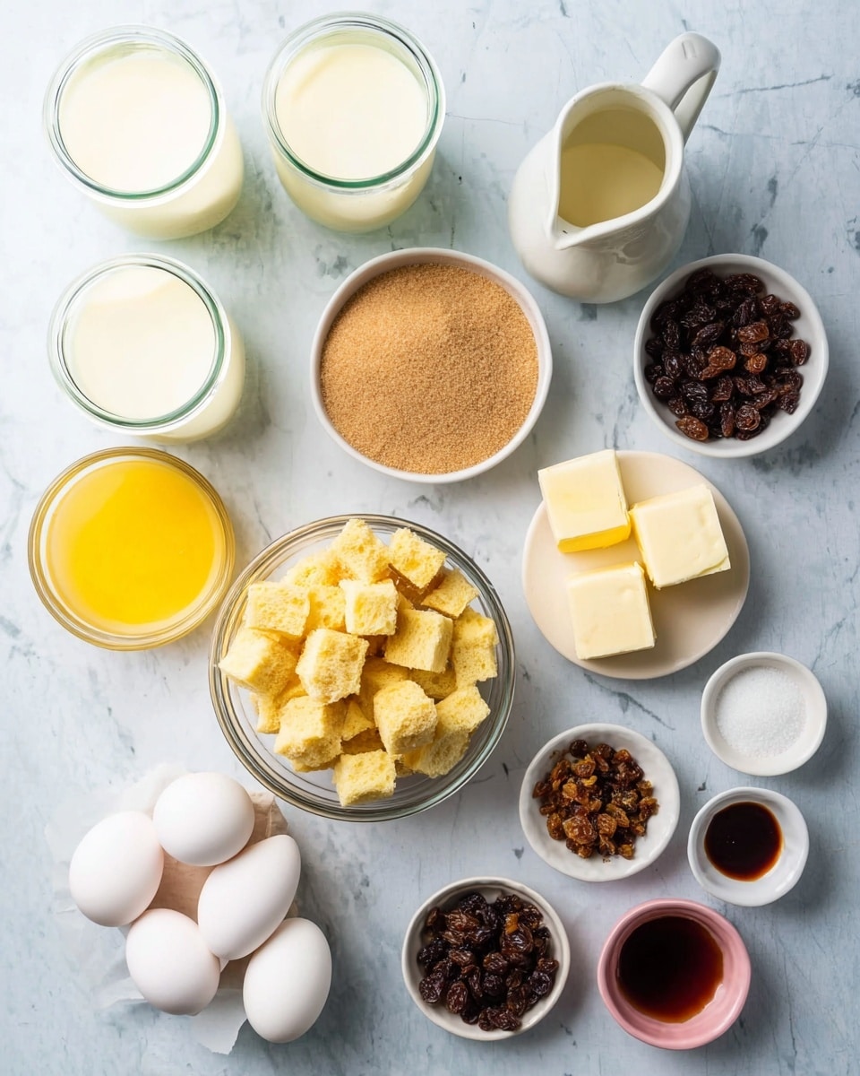 The image shows several ingredients arranged neatly on a white marbled surface. At the bottom center, there is a clear bowl filled with many small yellow bread cubes. Above it, there are four white eggs placed in a loose cluster. To the left of the eggs, there is a small white bowl filled with light brown sugar and next to it is a small white bowl with a bright yellow liquid, likely melted butter. Two glass jars filled with a creamy white liquid are placed at the top left, while a white creamer jug with a pale beige liquid stands at the top right. In the middle, there are two small white bowls, one with dark brown raisins and one with darker brown sugar. Additionally, there are two small white bowls with dark brown and black liquid, and a small pink bowl with white sugar. A few cubes of pale yellow butter sit on a small white bowl to the top right. The ingredients are looking fresh and ready for a recipe. Photo taken with an iphone --ar 4:5 --v 7