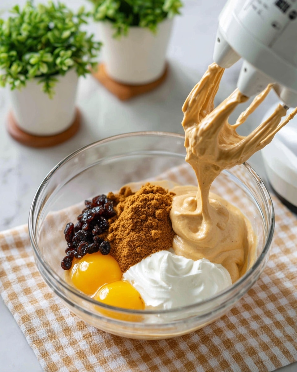 The first image shows a clear glass bowl on a white marbled surface with a beige checkered cloth underneath. Inside the bowl, there are several layers: two yellow egg yolks resting on the bottom, thick brown sugar piled next to them, a dollop of white cream near the sugar, and some dark brown raisins scattered on top. In the background, there are white pots with green plants. The second image shows the same glass bowl on the same surface, now filled with a smooth, light brown creamy mixture being whipped by a white electric mixer held by a woman's hand. photo taken with an iphone --ar 4:5 --v 7