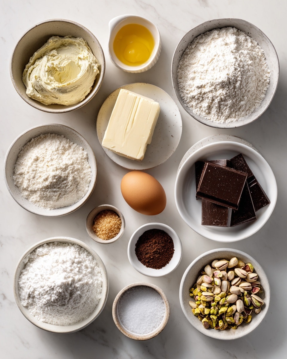 Top-down professional food photography, flat lay style, bright white marble countertop, neatly arranged, evenly spaced, tidy, clean organized layout, include: small bowl of pistachio cream spread, bowl of all-purpose flour, small bowl of cornstarch, small bowl of baking powder, small bowl of baking soda, small bowl of salt, small plate with melted and cooled unsalted butter, small bowl of brown sugar, small bowl of granulated sugar, small plate with one large egg, small bottle of vanilla essence, bowl of roughly chopped semi-sweet dark chocolate, bowl of shelled roughly chopped unsalted pistachios, small bowl of flaky salt, bright soft natural lighting, sharp focus, high detail textures, realistic reflections, professional DSLR look, 4K, no finished dish, no cooked food, no hands, no text, no watermark, no brand logos --ar 4:5 --v 7