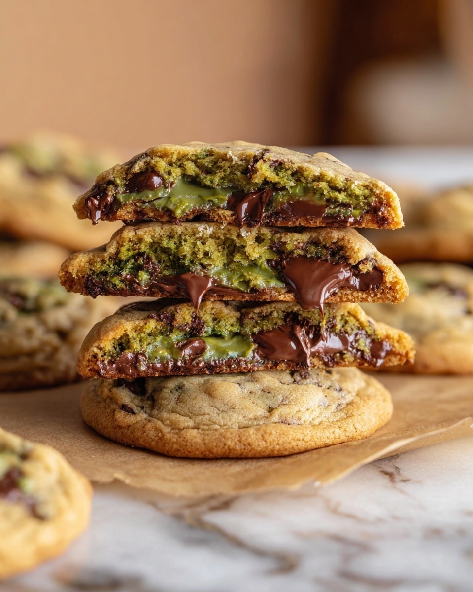 A stack of four cookie halves is shown, each cookie having a golden-brown outer layer with a soft, rough texture. Inside, there is a thick, shiny green filling with melted dark chocolate chunks embedded throughout. The cookies are stacked unevenly on a piece of parchment paper that lies on top of a white marbled surface. Around the stack, more whole cookies with the same colors and texture can be seen, slightly blurred in the background. photo taken with an iphone --ar 4:5 --v 7