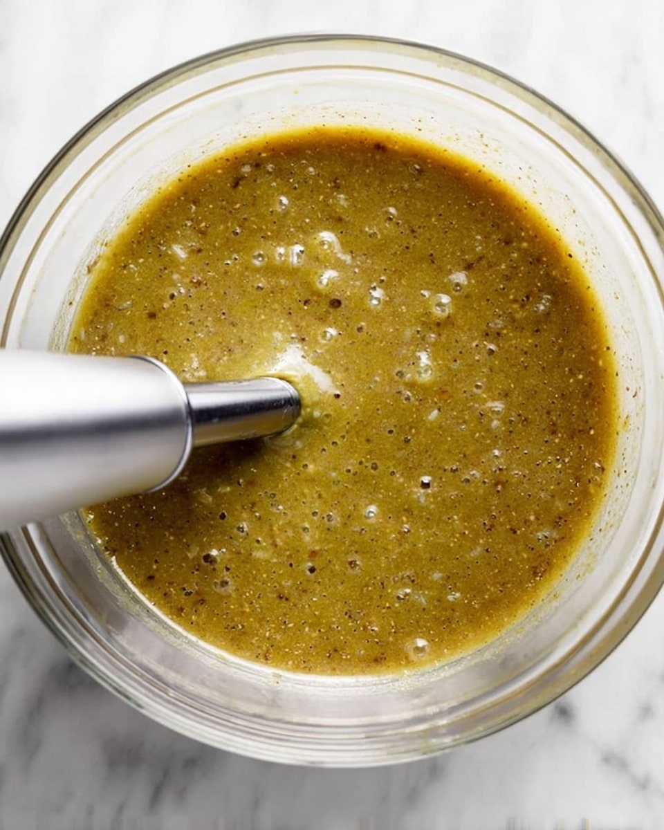 A clear glass bowl filled with a thick, greenish-brown sauce with small bits and bubbles on the surface. A silver immersion blender is partially submerged in the sauce, blending it smoothly. The bowl is set on a white marbled surface that contrasts with the color of the sauce. The sauce has a slightly grainy texture with darker flecks spread evenly throughout. Photo taken with an iphone --ar 4:5 --v 7