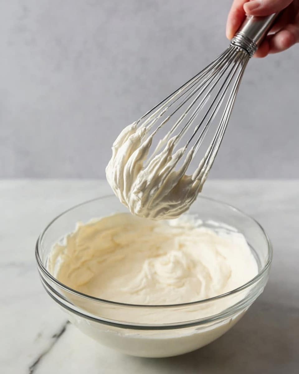 A clear glass bowl filled with a thick, smooth, creamy white mixture sits on a white marbled surface. A woman's hand holds a metal whisk coated with the same creamy mixture, lifting it above the bowl. The mixture on the whisk appears fluffy and light, with soft peaks visible. The overall colors are soft white and silver with a clean and fresh look. photo taken with an iphone --ar 4:5 --v 7