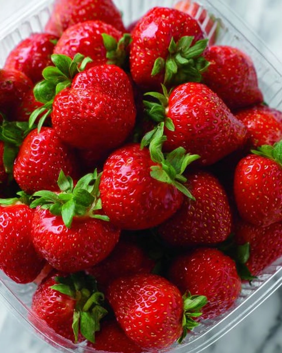 The image shows a close-up view of many fresh red strawberries with green leaves still attached, all placed inside a clear container. The strawberries are shiny, plump, and vary slightly in size and shape, creating a textured look with their tiny seeds and smooth surfaces. The background appears to be a white marbled texture, making the bright red colors stand out more. photo taken with an iphone --ar 4:5 --v 7