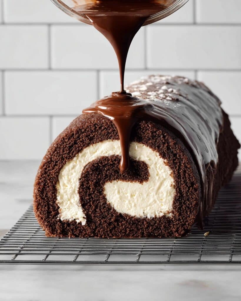 Soft Chocolate Swiss Roll Cake with Chocolate Ganache Recipe