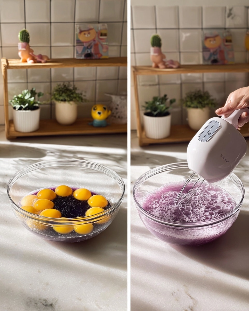 Two images side by side show stages of mixing ingredients in a clear glass bowl on a white marbled countertop. On the left, the bowl holds six raw egg yolks with a thick dark liquid in the center, sitting unmixed. The background has white tiled walls, small potted plants on a wooden shelf, and a small toy figure. On the right, a woman's hand holds a white electric mixer blending a bubbling purple liquid inside the same bowl. The lighting is soft, casting natural shadows on the scene. Photo taken with an iphone --ar 4:5 --v 7