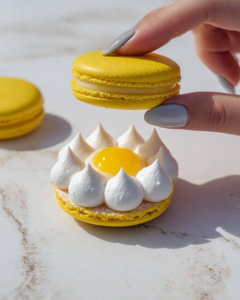 A bright yellow macaron is shown with two parts: the bottom part is flat with a soft, slightly rough texture, topped with five white dollops of smooth, shiny cream arranged in a circle around the edge. In the center of the cream dollops is a small pool of glossy yellow jelly. A woman's hand with pale gray nail polish is lifting the matching yellow top part of the macaron above the bottom part. The whole scene is set on a white marbled surface. photo taken with an iphone --ar 4:5 --v 7